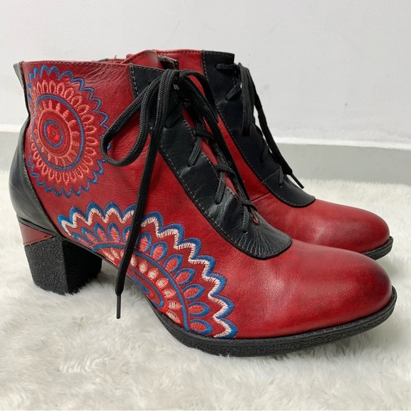 Spring Step Shoes - L' Artiste Spring Step Katsura Red Leather Zip Lace Up Ankle Boots Women's Sz 42